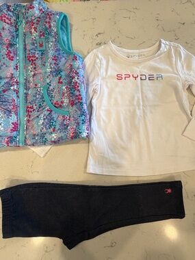 2T Spyder Girls Set - Jean-Leggings, White Logo Tee & Floral Vest
